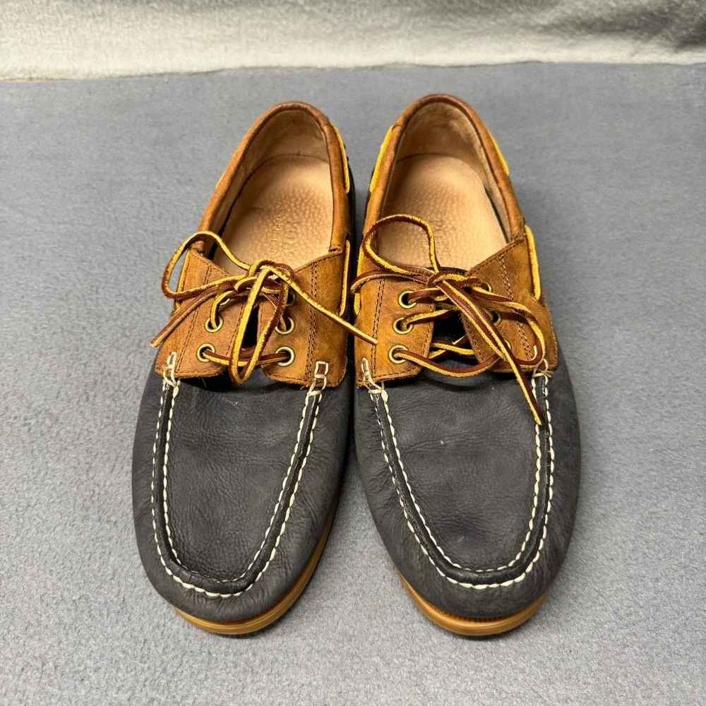 Polo Ralph Lauren Boat Shoes Mens 9 D Bienne II Navy Blue‎ Tan Leather Loafers